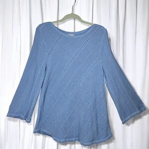 Chicos Sweater Woman‎ Large Blue Knit Long Sleeve Frayed Hem Long Bell Sleeve